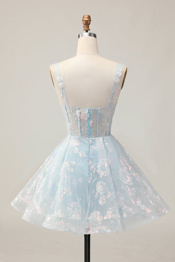 Light Blue A Line Corset Homecoming Dress with Sequins